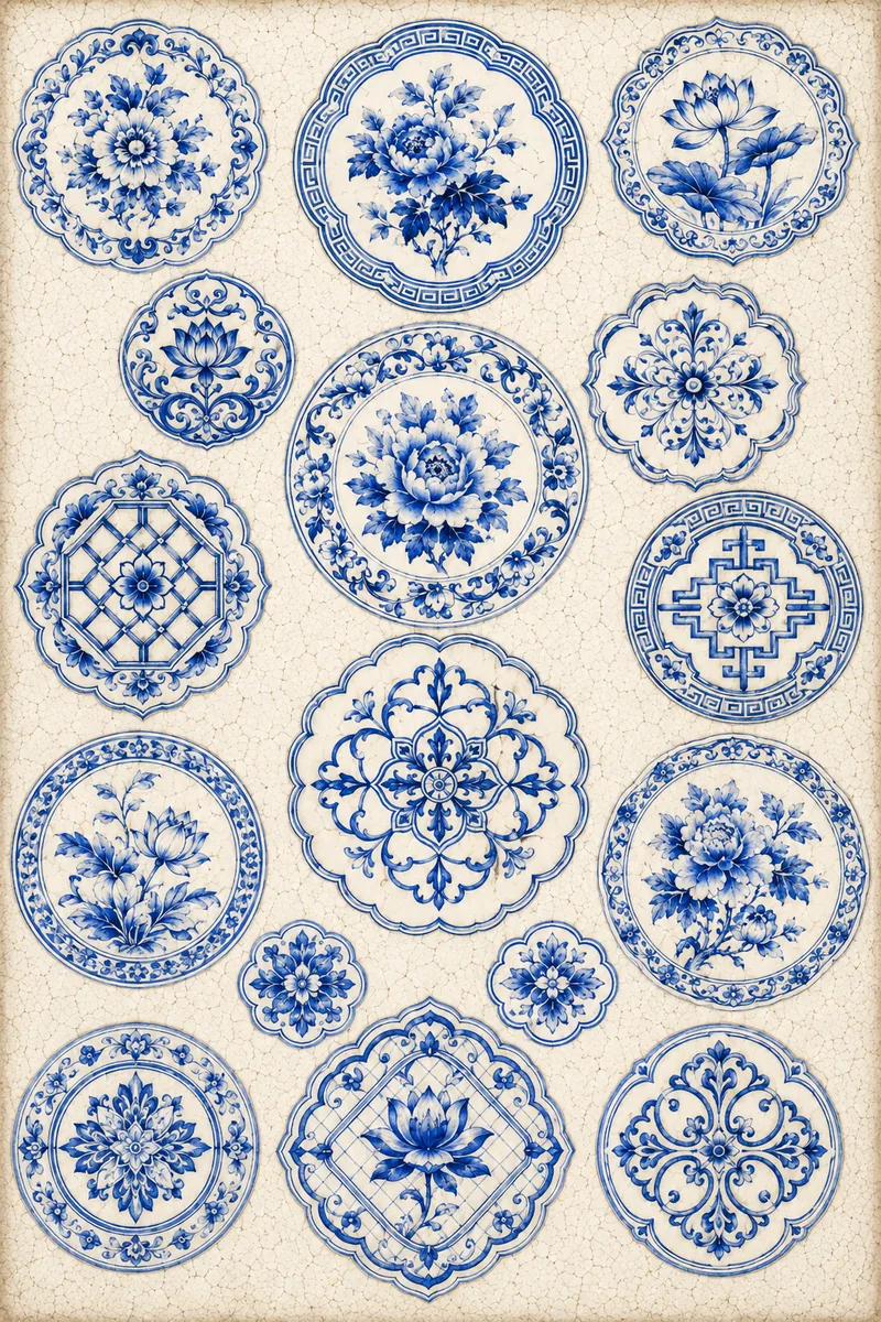 Ornate blue-and-white porcelain medallions with peonies, lotus flowers, geometric borders, and floral motifs